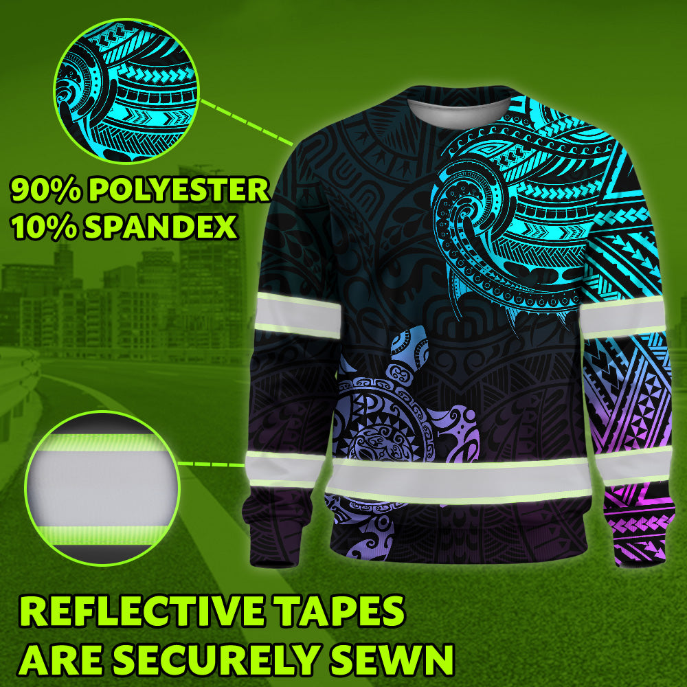 Hi Vis Long Sleeve Shirt Reflective Gradient Polynesian Turtle Hawaiian Custom Name