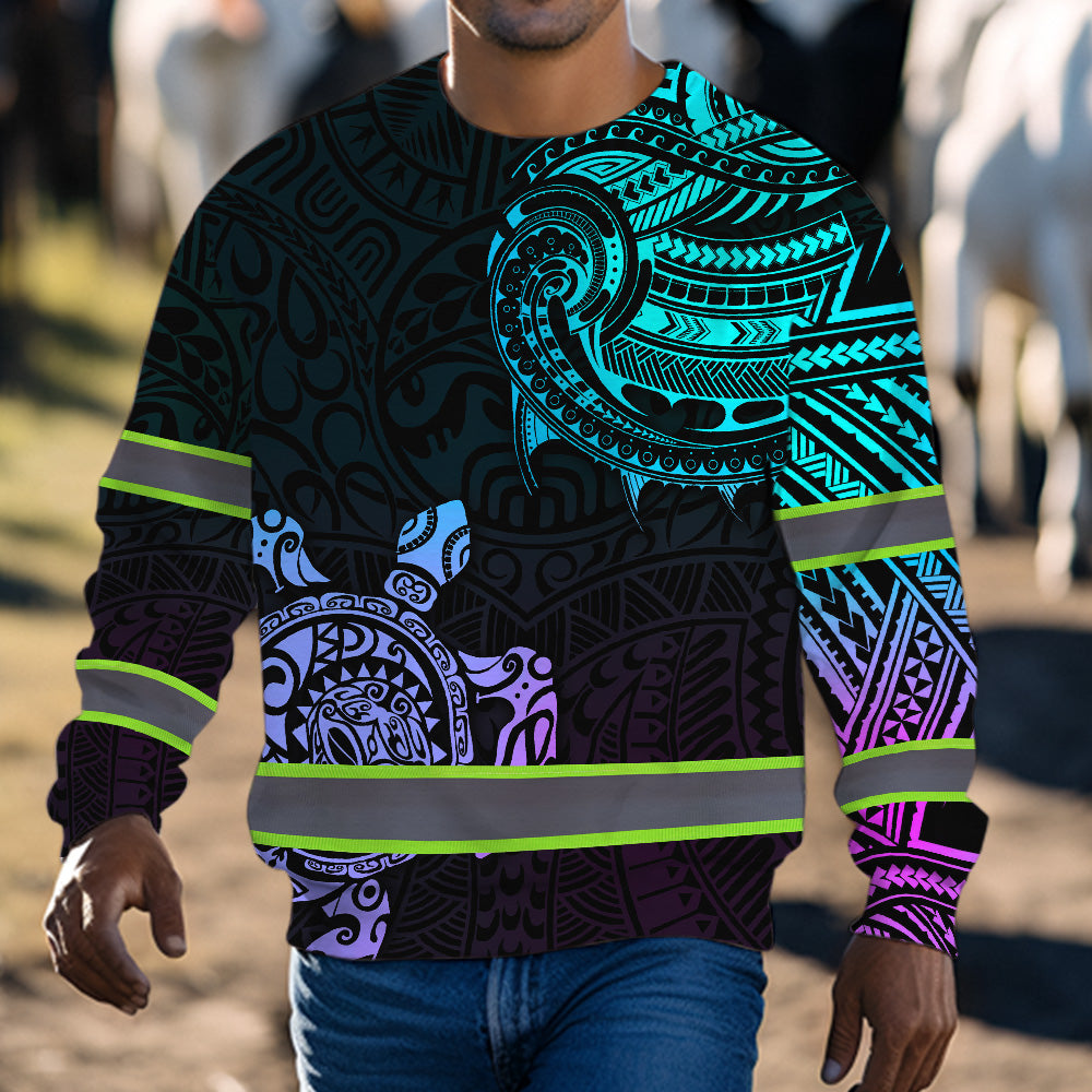 Hi Vis Long Sleeve Shirt Reflective Gradient Polynesian Turtle Hawaiian Custom Name