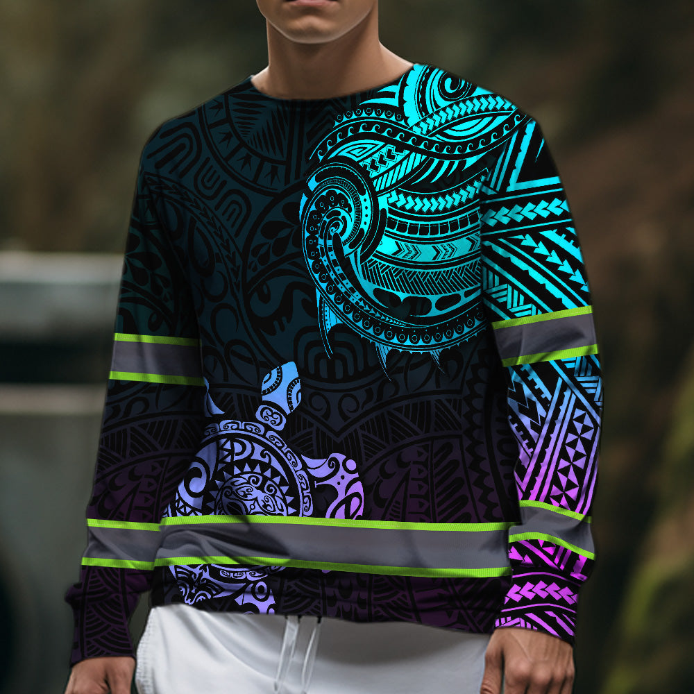 Hi Vis Long Sleeve Shirt Reflective Gradient Polynesian Turtle Hawaiian Custom Name