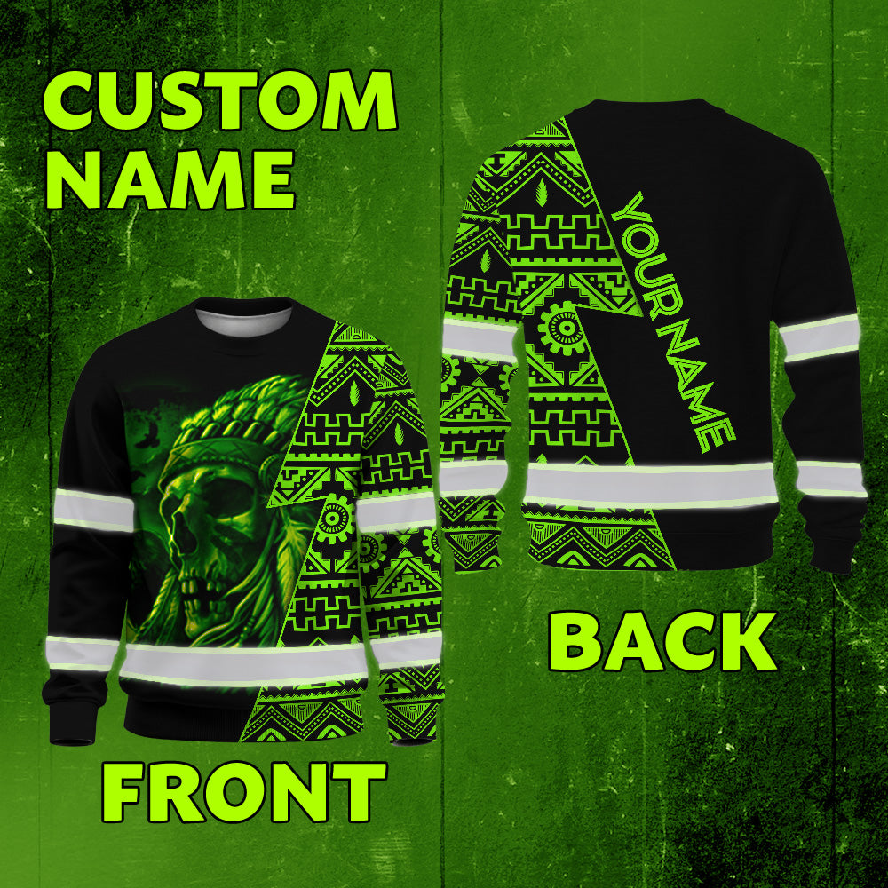 Hi Vis Long Sleeve Shirt Reflective Skull Green Neon Native Custom Name