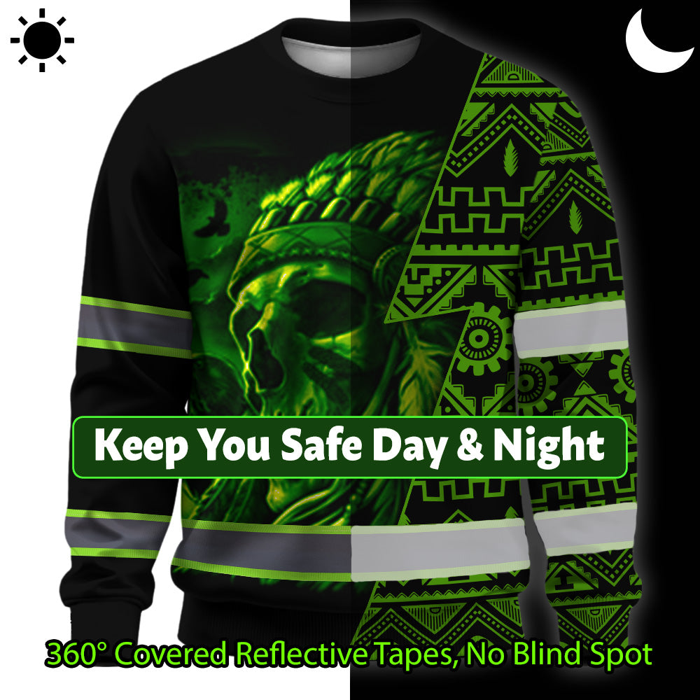 Hi Vis Long Sleeve Shirt Reflective Skull Green Neon Native Custom Name