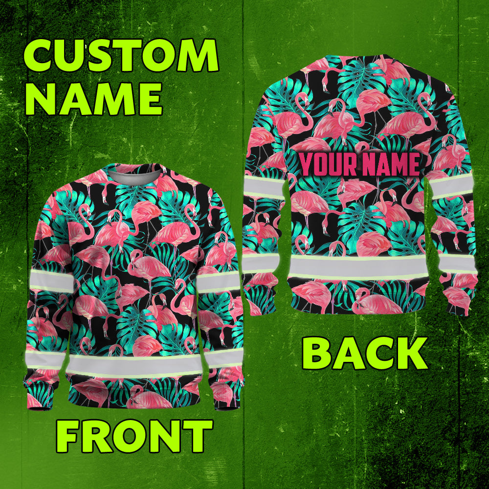 Hi Vis Long Sleeve Shirt Reflective Tapes Pink Flamingo Flower Hawaiian Custom Name Safety Workwear For Woman