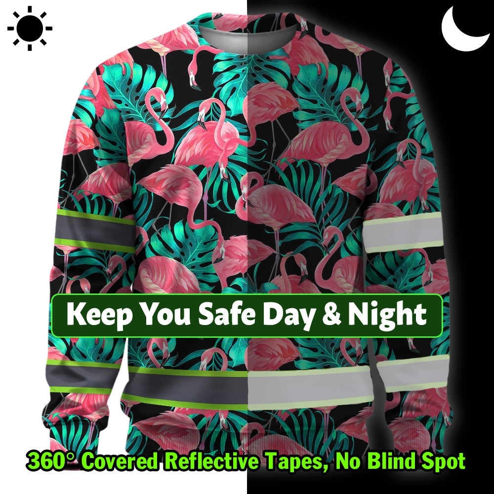 Hi Vis Long Sleeve Shirt Reflective Tapes Pink Flamingo Flower Hawaiian Custom Name Safety Workwear For Woman