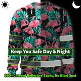 Hi Vis Long Sleeve Shirt Reflective Tapes Pink Flamingo Flower Hawaiian Custom Name Safety Workwear For Woman