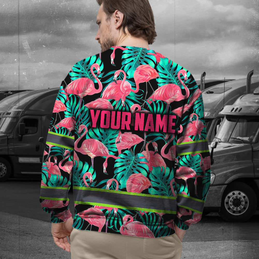 Hi Vis Long Sleeve Shirt Reflective Tapes Pink Flamingo Flower Hawaiian Custom Name Safety Workwear For Woman
