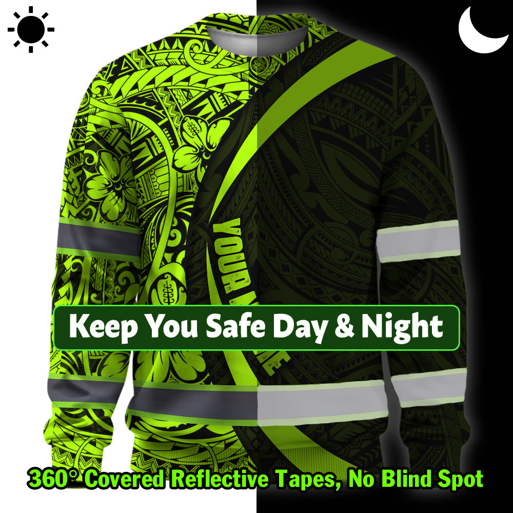 Hi Vis Long Sleeve Shirt Reflective Tapes Hawaiian Polynesian Tribal Custom Name Safety Workwear