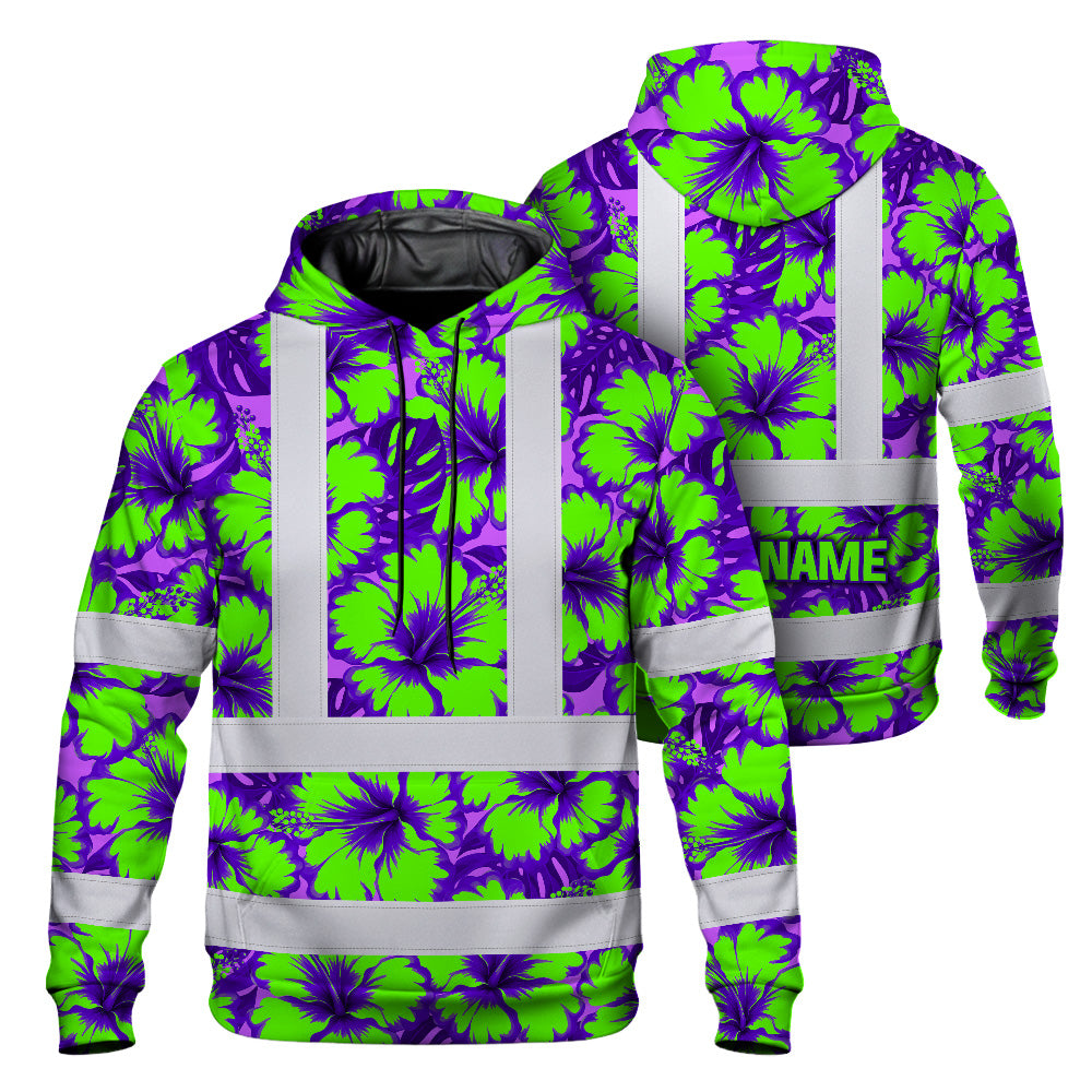 Hi Vis Hoodie Reflective Tapes Green Neon And Violet Flowers Custom Name Safety Workwear For Workers, Truckers, Operators