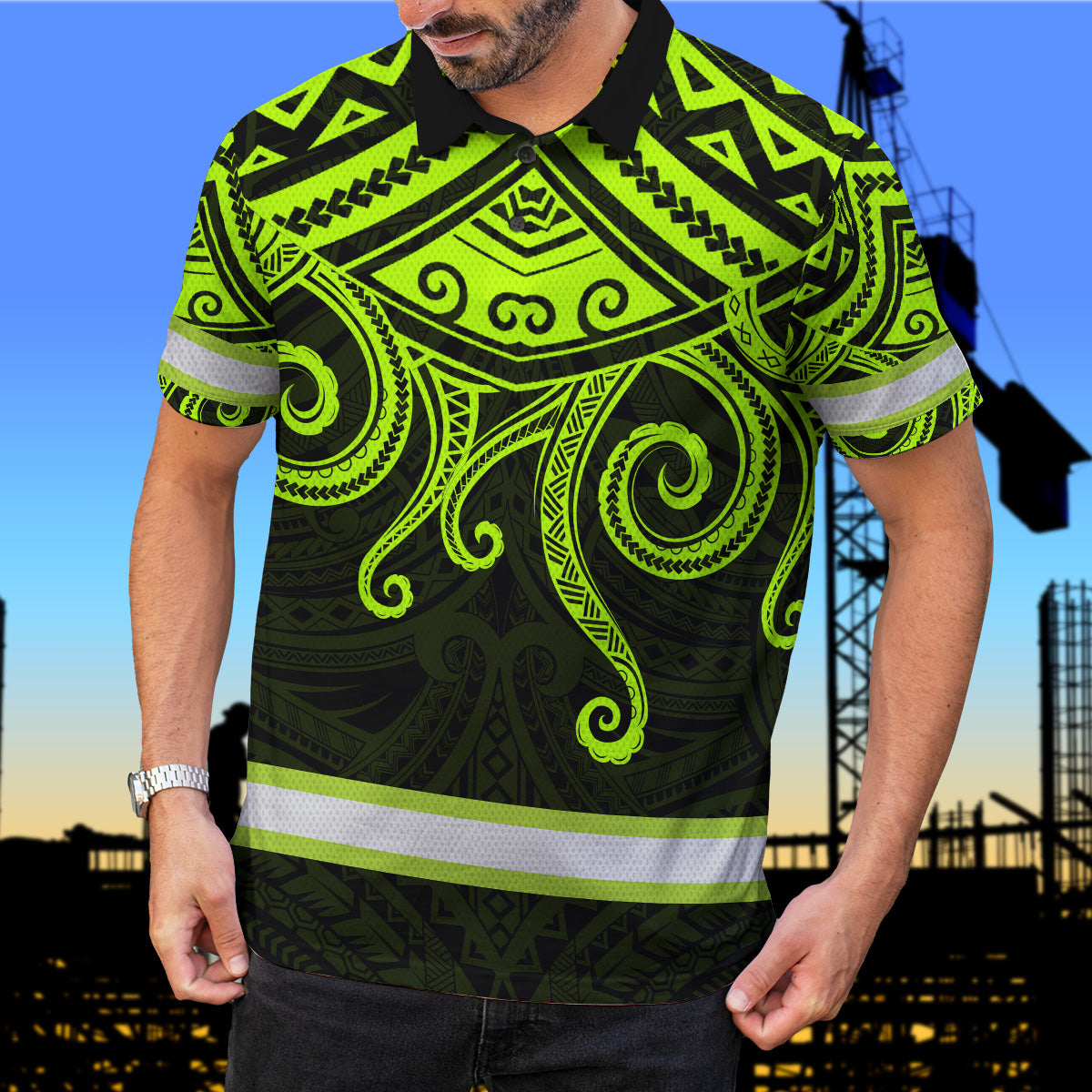 Hi Vis Polo Shirts Reflective Tapes Octopus Hawaiian Polynesian Tribal Custom