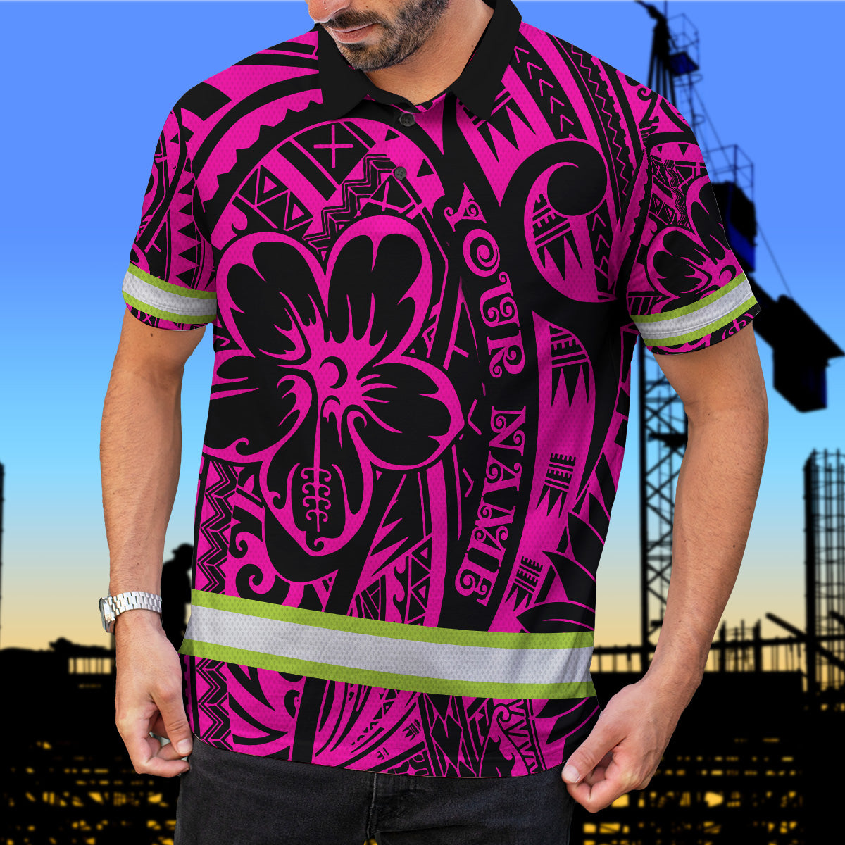 Hi Vis Polo Shirt Reflective Tapes Pink Flower Hawaiian Polynesian Tribal Custom Name Safety Workwear For Workers, Runners, Cyclists