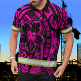 Hi Vis Polo Shirt Reflective Tapes Pink Flower Hawaiian Polynesian Tribal Custom Name Safety Workwear For Workers, Runners, Cyclists
