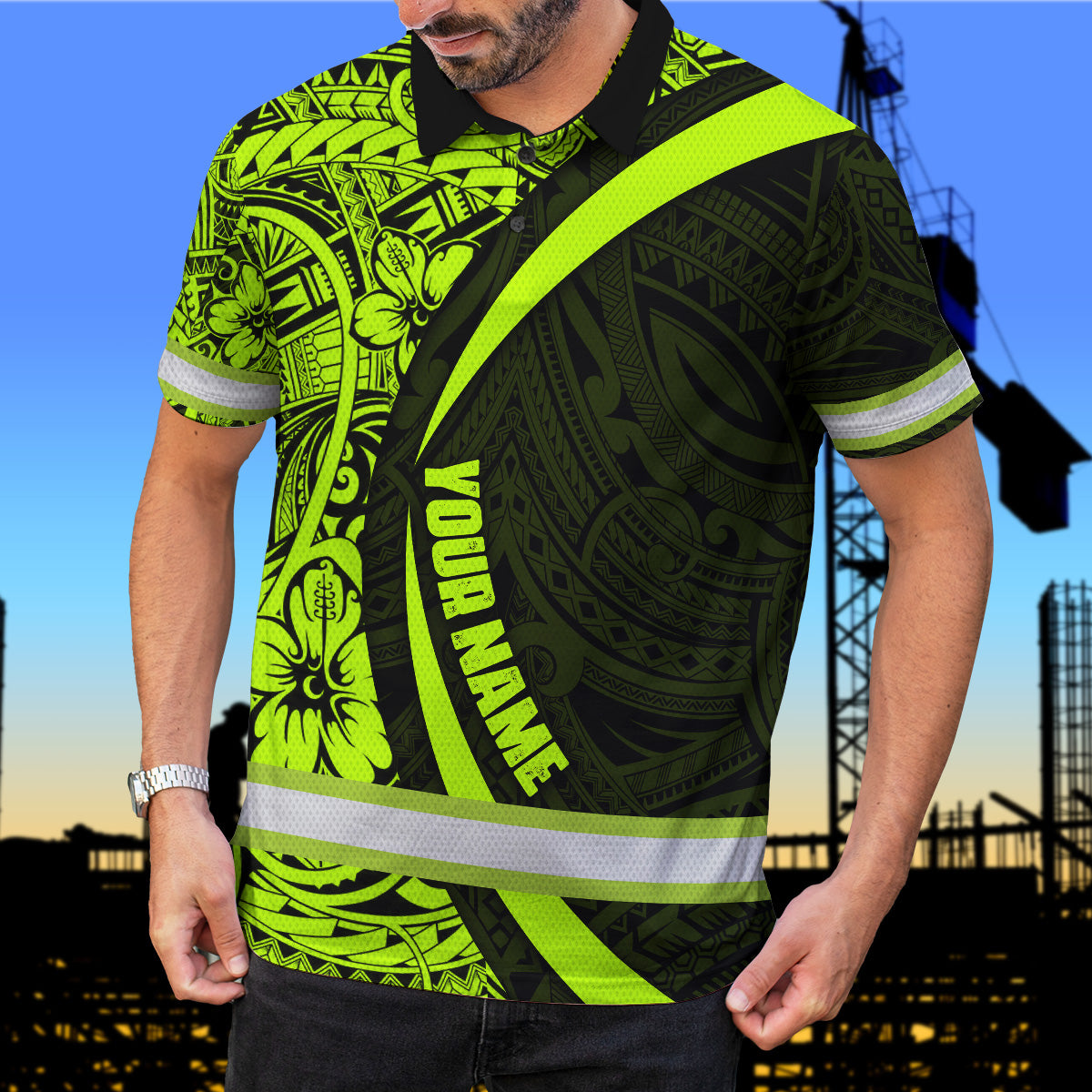 Hi Vis Polo Shirt Tapes Hawaiian Polynesian Tribal Custom Name Safety Workwear