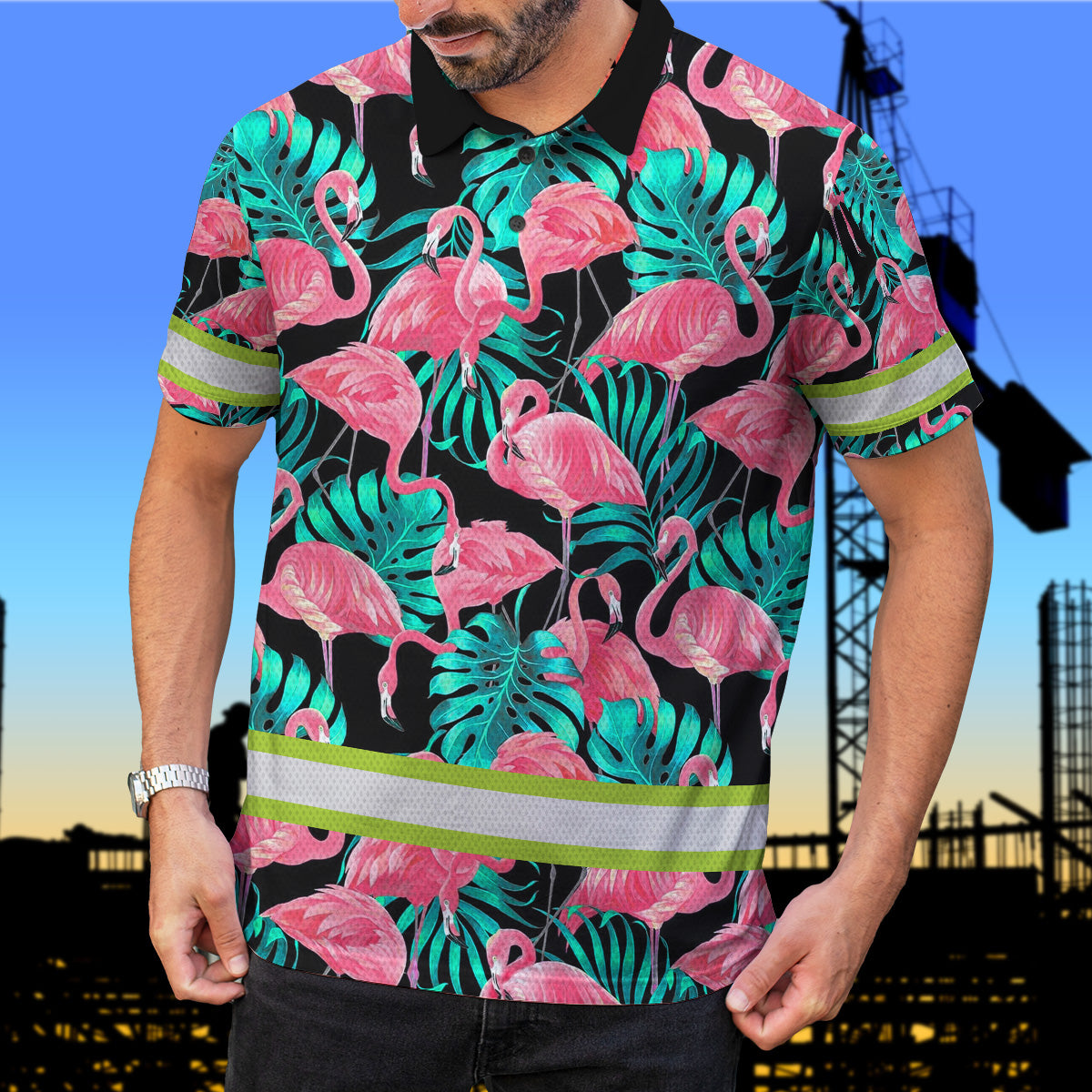 Hi Vis Polo Shirts Reflective Tapes Pink Flamingo Flower Hawaiian Custom Name Safety Workwear