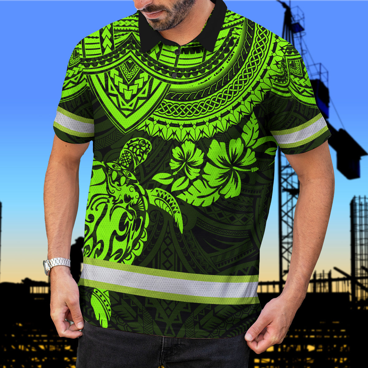 Hi Vis Polo Shirts Reflective Tapes Green Turtle Flower Hawaiian Polynesian Tribal Custom Name Safety Workwear For Workers, Runners, Cyclists