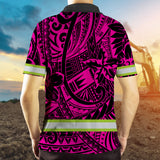 Hi Vis Polo Shirt Reflective Tapes Pink Flower Hawaiian Polynesian Tribal Custom Name Safety Workwear For Workers, Runners, Cyclists