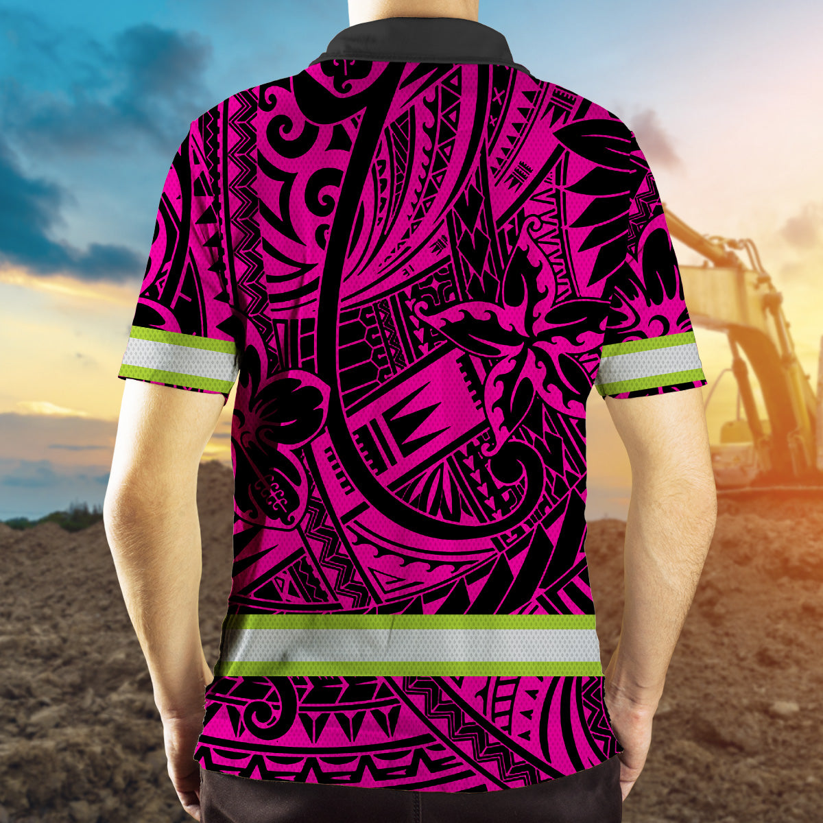 Hi Vis Polo Shirt Reflective Tapes Pink Flower Hawaiian Polynesian Tribal Custom Name Safety Workwear For Workers, Runners, Cyclists