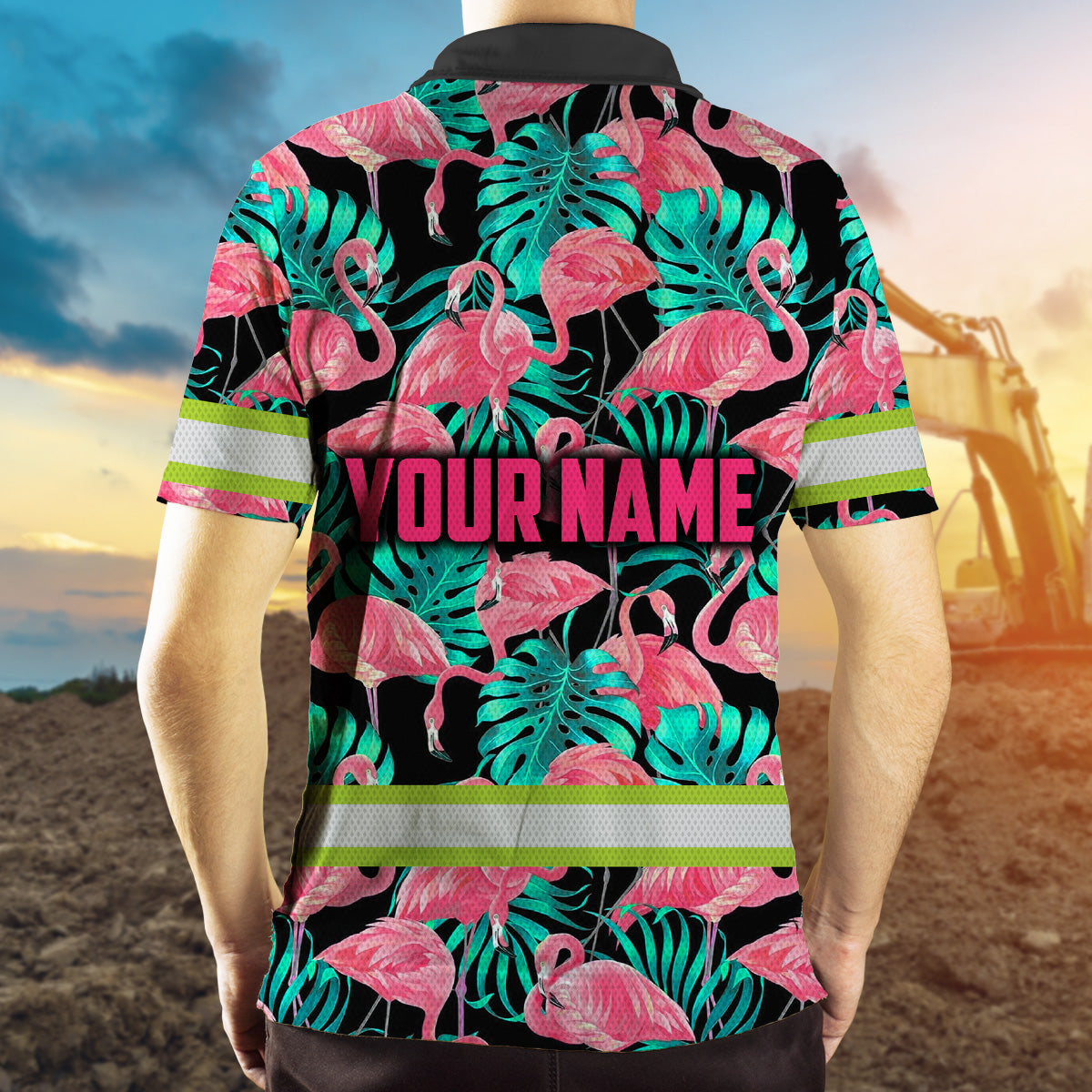 Hi Vis Polo Shirts Reflective Tapes Pink Flamingo Flower Hawaiian Custom Name Safety Workwear