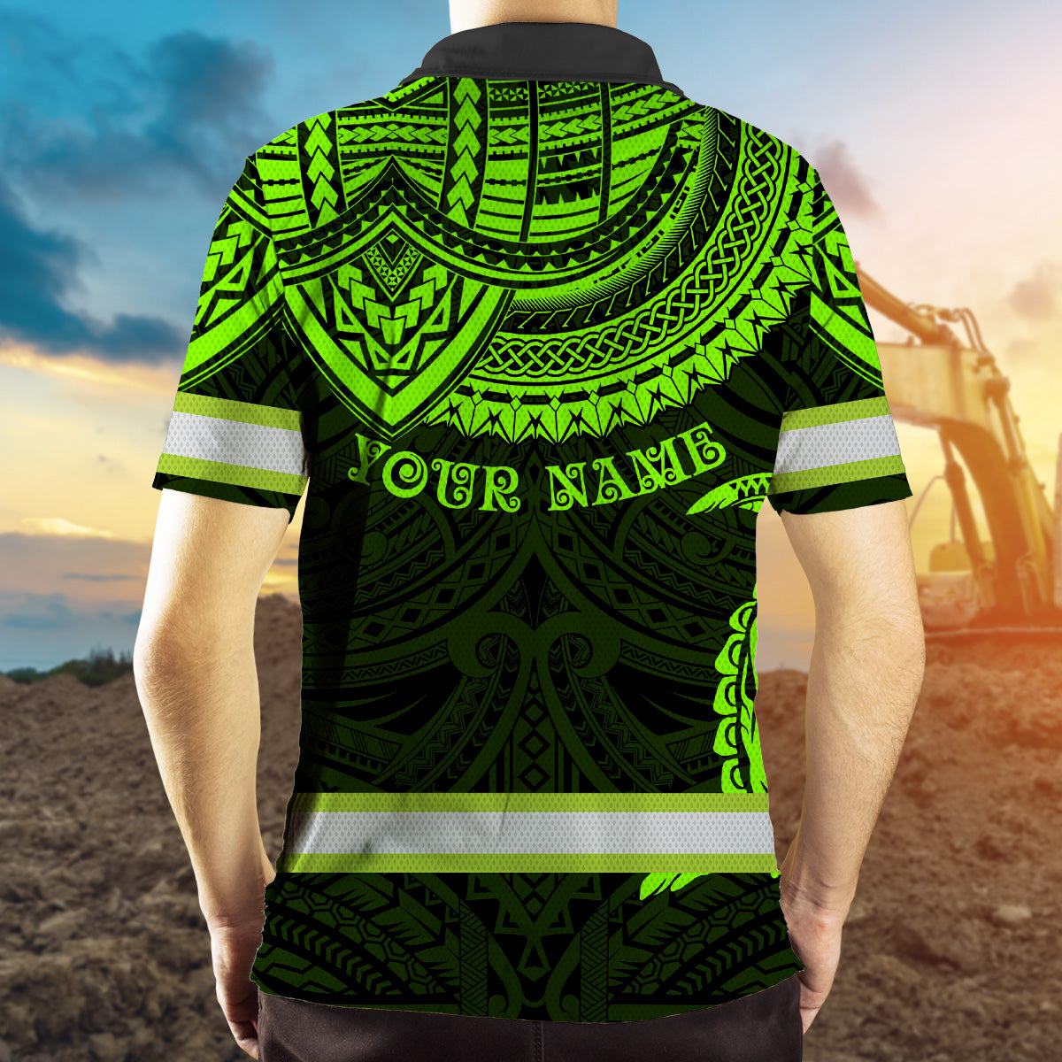Hi Vis Polo Shirts Reflective Tapes Green Turtle Flower Hawaiian Polynesian Tribal Custom Name Safety Workwear For Workers, Runners, Cyclists