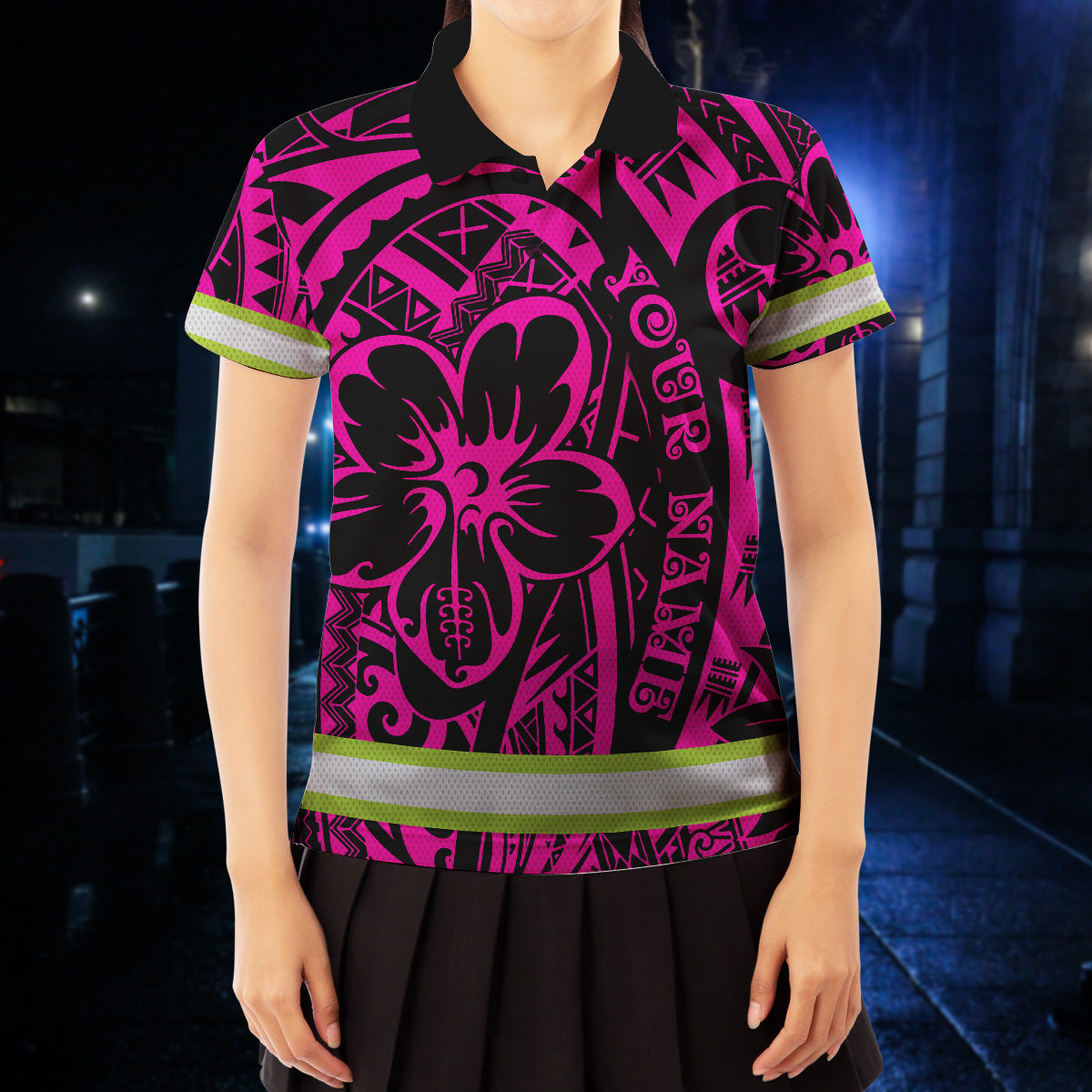 Hi Vis Polo Shirt Reflective Tapes Pink Flower Hawaiian Polynesian Tribal Custom Name Safety Workwear For Workers, Runners, Cyclists