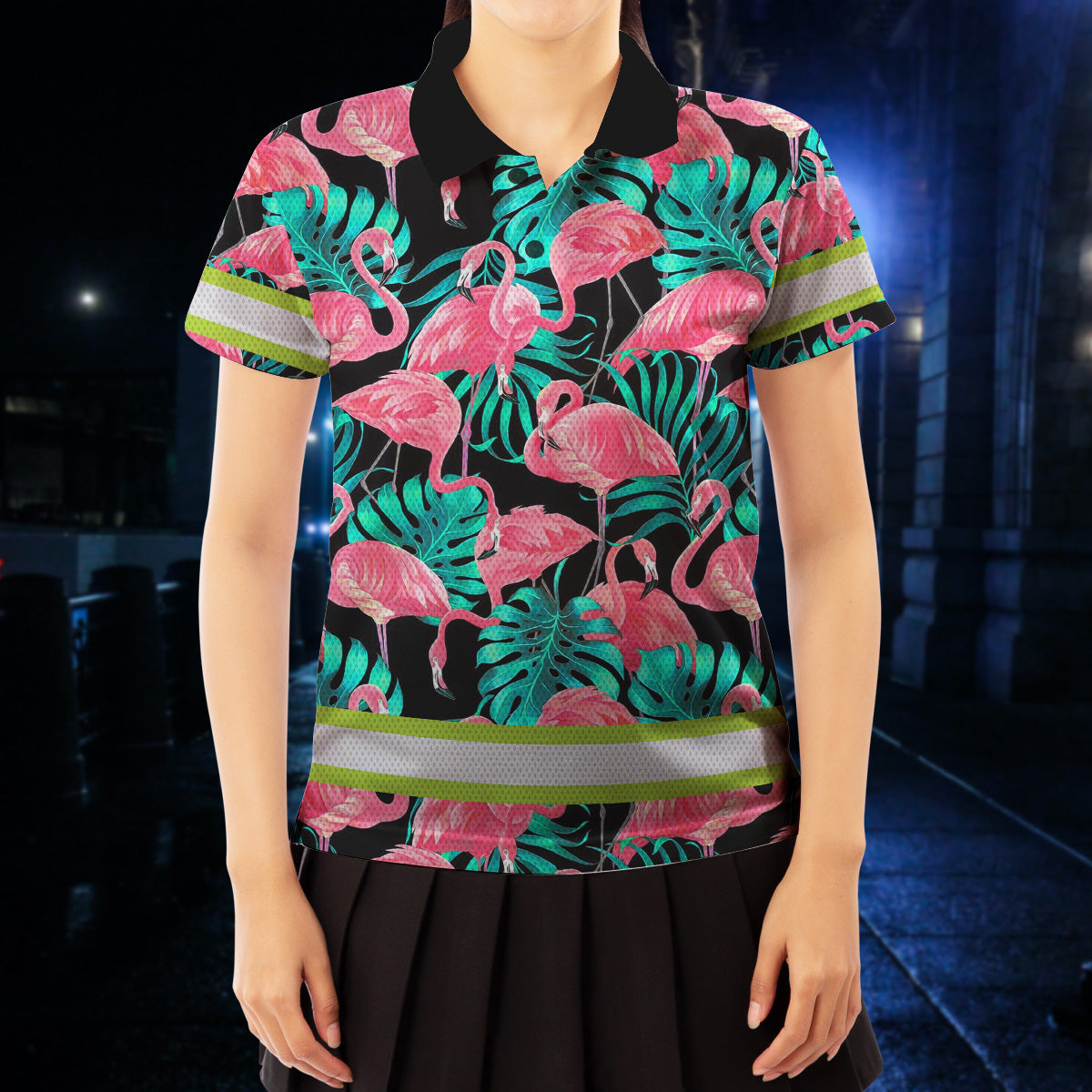 Hi Vis Polo Shirts Reflective Tapes Pink Flamingo Flower Hawaiian Custom Name Safety Workwear