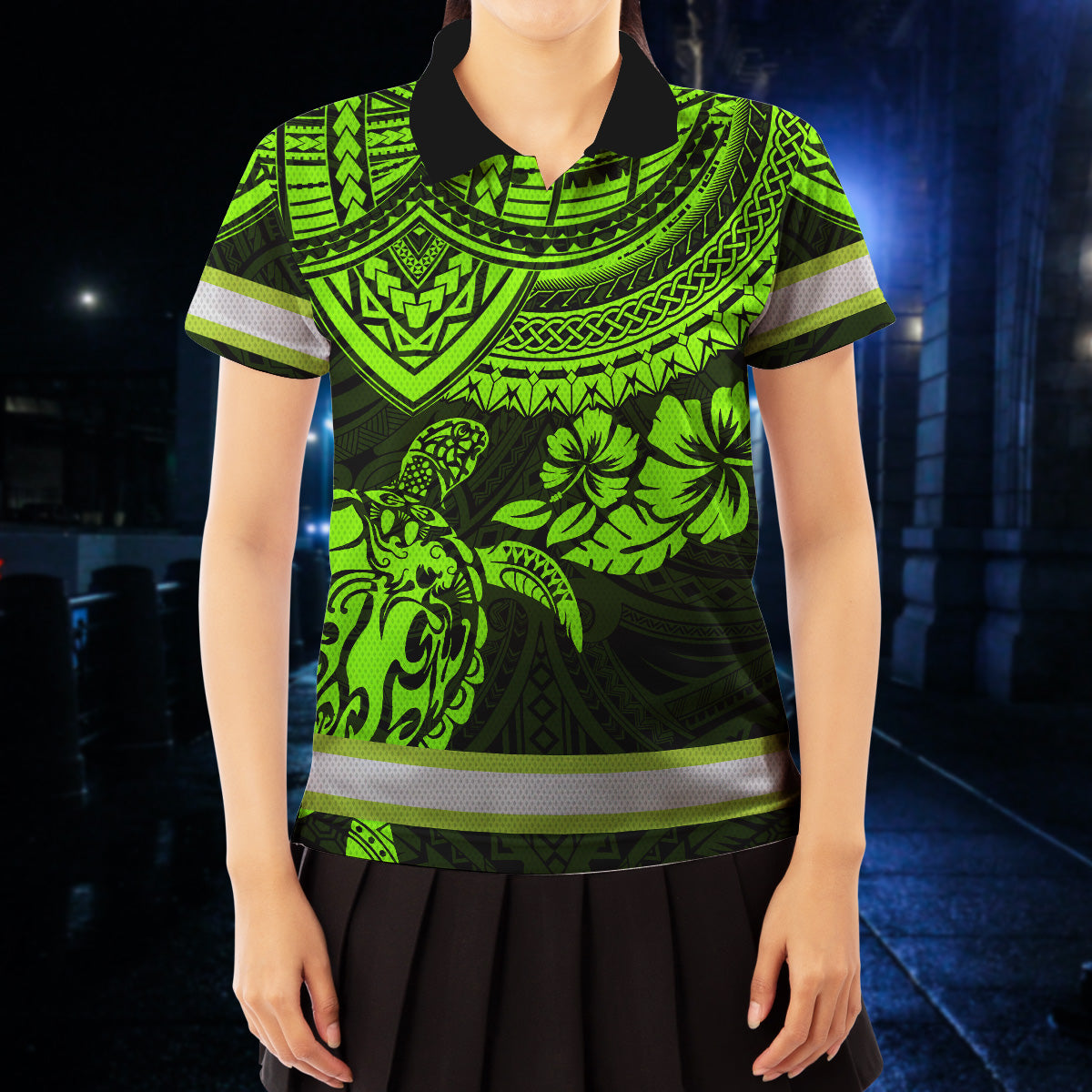 Hi Vis Polo Shirts Reflective Tapes Green Turtle Flower Hawaiian Polynesian Tribal Custom Name Safety Workwear For Workers, Runners, Cyclists