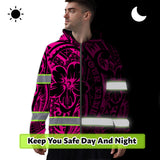 Hi Vis Zip Hoodie Reflective Tapes Pink Flower Hawaiian Polynesian Tribal Custom