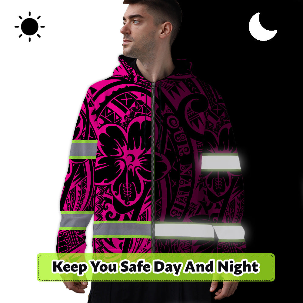 Hi Vis Zip Hoodie Reflective Tapes Pink Flower Hawaiian Polynesian Tribal Custom