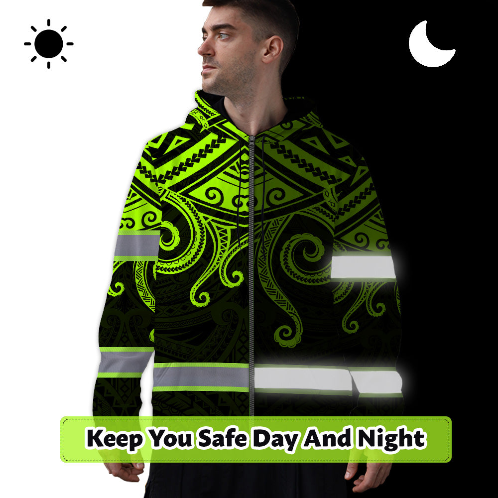 Hi Vis Zip Hoodie Reflective Tapes Octopus Hawaiian Polynesian Tribal Custom