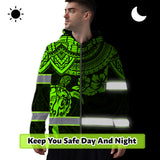 Hi Vis Zip Hoodie Reflective Tapes Green Turtle Flower Hawaiian Polynesian