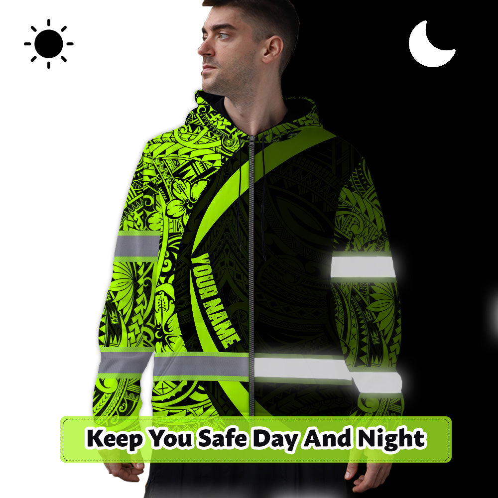 Hi Vis Zip Hoodie Reflective Tapes Hawaiian Polynesian Tribal Custom Name
