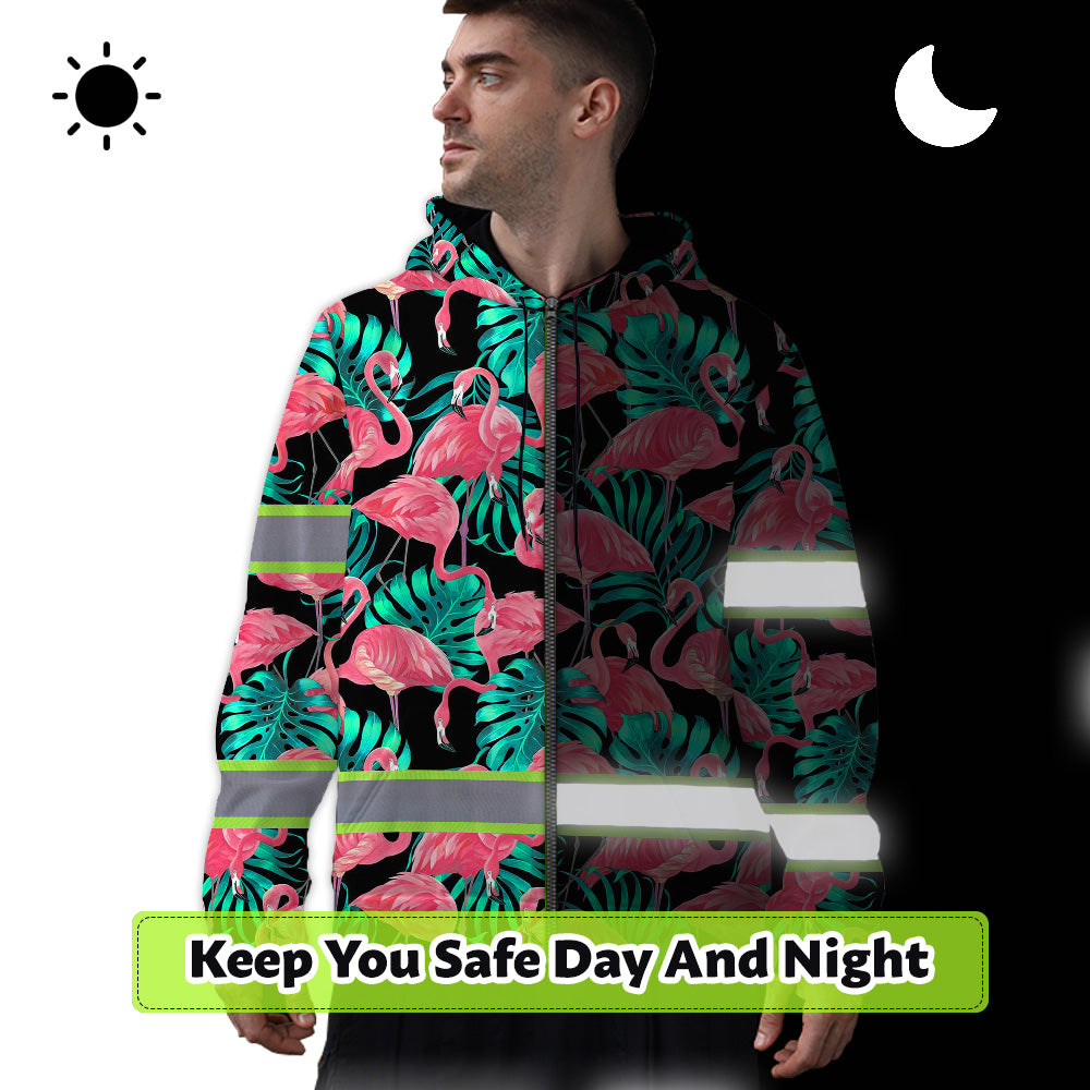 Hi Vis Zip Hoodie Reflective Tapes Pink Flamingo Flower Hawaiian Custom Name