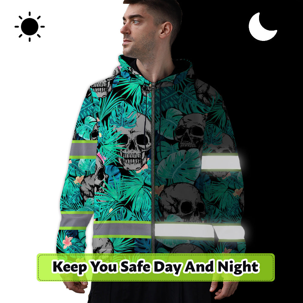 Reflective Hi Vis Mint Neon Skull Zip Hoodie - Safety Workwear