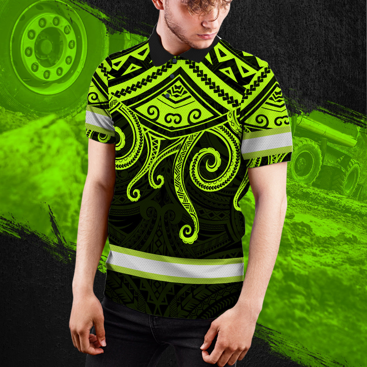 Hi Vis Polo Shirts Reflective Tapes Octopus Hawaiian Polynesian Tribal Custom