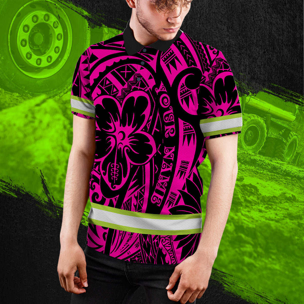 Hi Vis Polo Shirt Reflective Tapes Pink Flower Hawaiian Polynesian Tribal Custom Name Safety Workwear For Workers, Runners, Cyclists