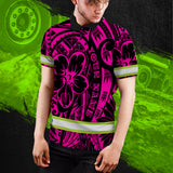 Hi Vis Polo Shirt Reflective Tapes Pink Flower Hawaiian Polynesian Tribal Custom Name Safety Workwear For Workers, Runners, Cyclists