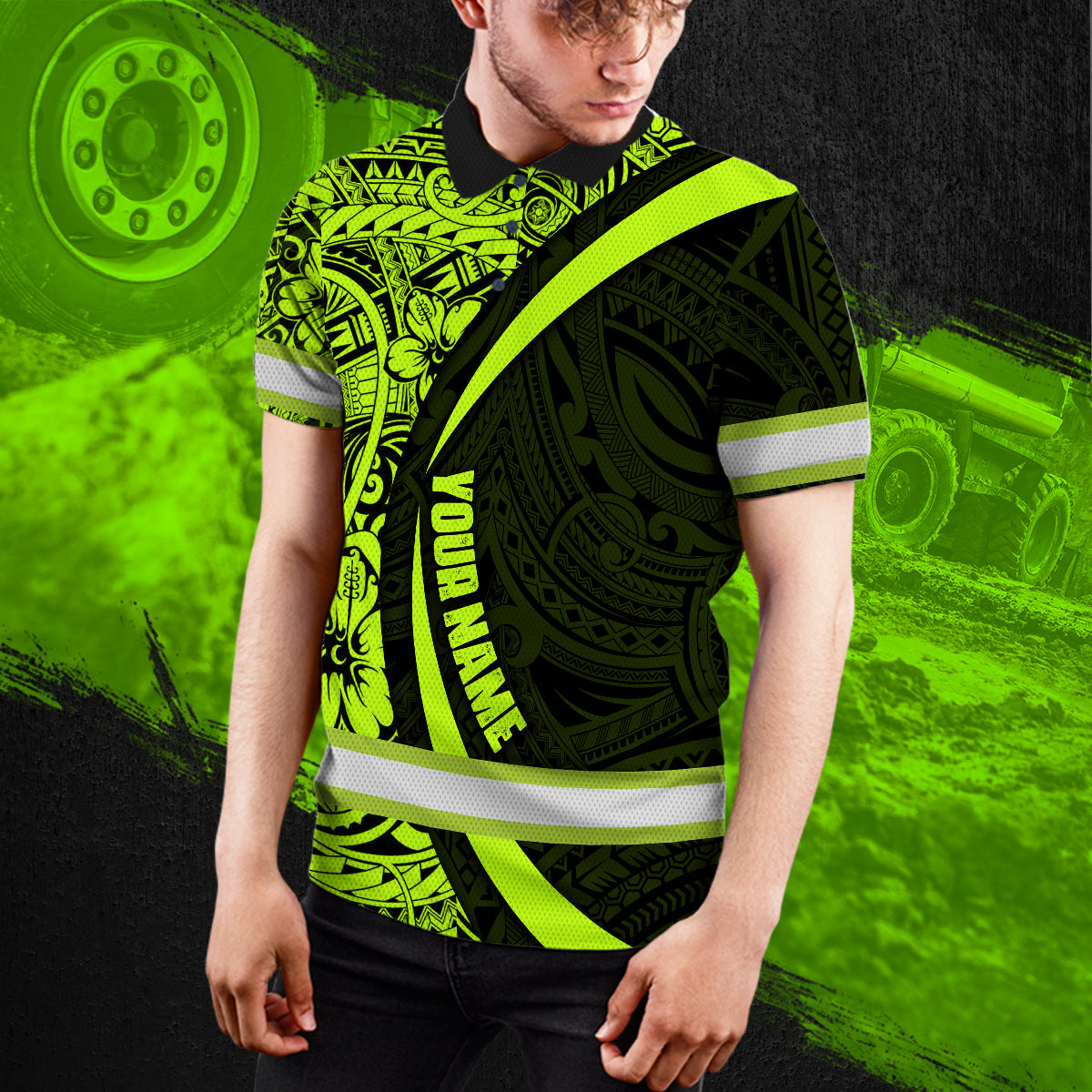 Hi Vis Polo Shirt Tapes Hawaiian Polynesian Tribal Custom Name Safety Workwear