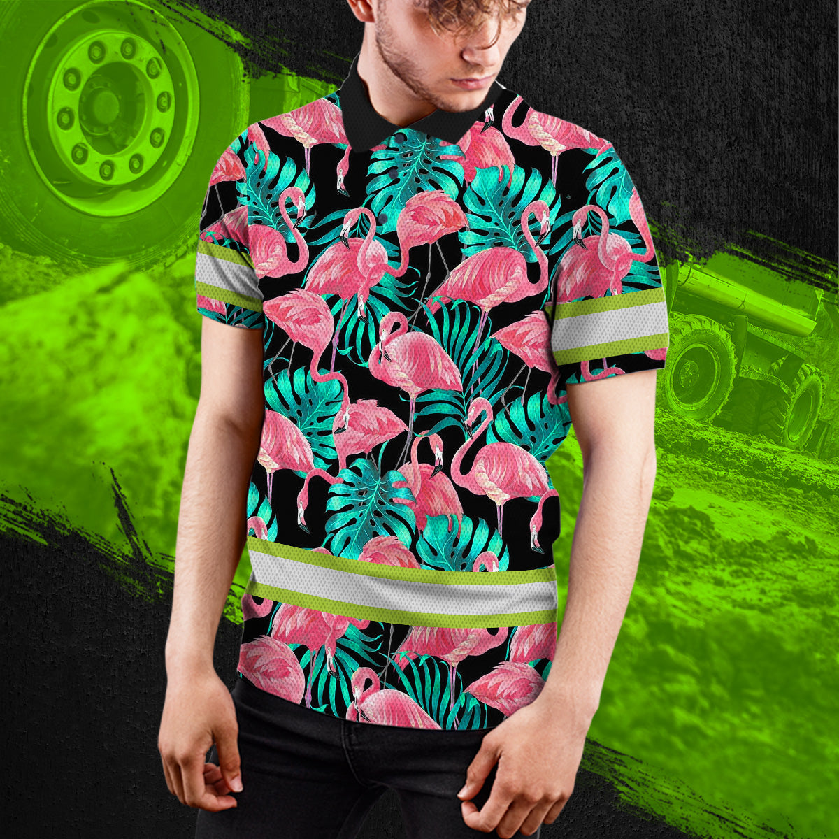 Hi Vis Polo Shirts Reflective Tapes Pink Flamingo Flower Hawaiian Custom Name Safety Workwear