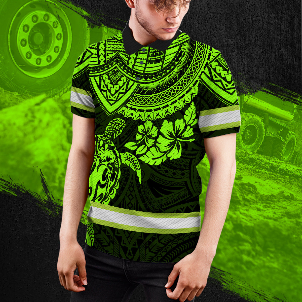 Hi Vis Polo Shirts Reflective Tapes Green Turtle Flower Hawaiian Polynesian Tribal Custom Name Safety Workwear For Workers, Runners, Cyclists