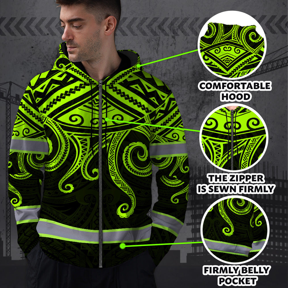 Hi Vis Zip Hoodie Reflective Tapes Octopus Hawaiian Polynesian Tribal Custom