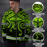 Hi Vis Zip Hoodie Reflective Tapes Octopus Hawaiian Polynesian Tribal Custom