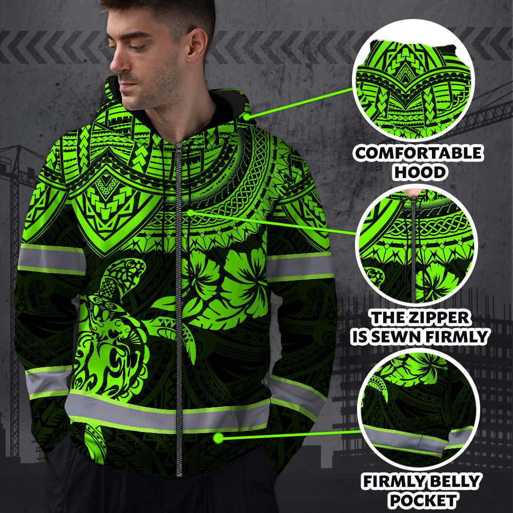 Hi Vis Zip Hoodie Reflective Tapes Green Turtle Flower Hawaiian Polynesian