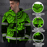 Hi Vis Zip Hoodie Reflective Tapes Green Turtle Flower Hawaiian Polynesian