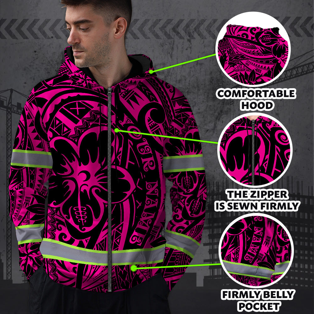 Hi Vis Zip Hoodie Reflective Tapes Pink Flower Hawaiian Polynesian Tribal Custom