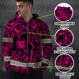 Hi Vis Zip Hoodie Reflective Tapes Pink Flower Hawaiian Polynesian Tribal Custom