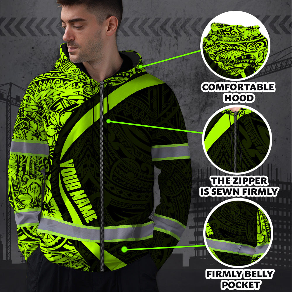 Hi Vis Zip Hoodie Reflective Tapes Hawaiian Polynesian Tribal Custom Name