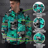 Reflective Hi Vis Mint Neon Skull Zip Hoodie - Safety Workwear