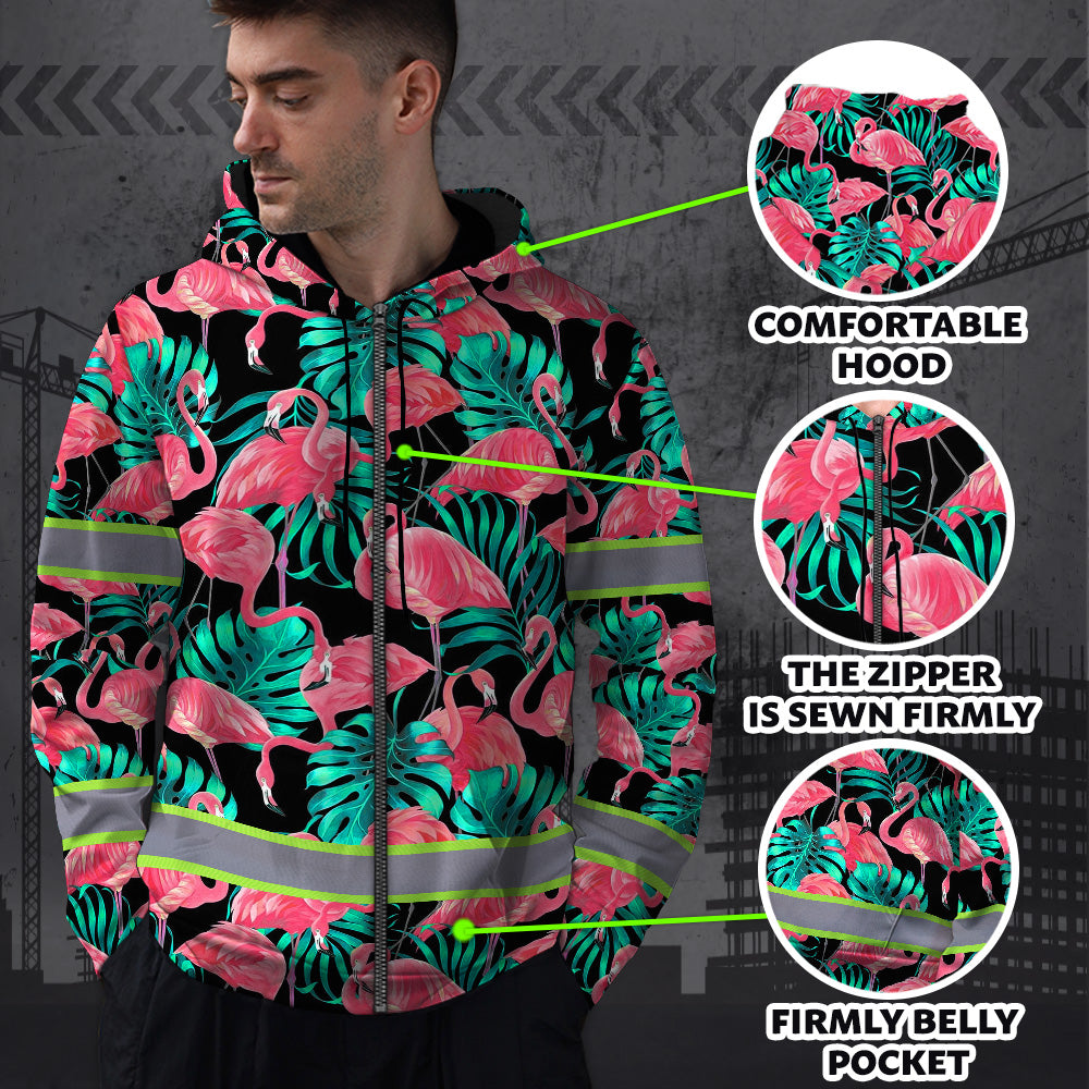 Hi Vis Zip Hoodie Reflective Tapes Pink Flamingo Flower Hawaiian Custom Name