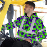 Hi Vis Hoodie Reflective Tapes Green Neon And Violet Flowers Custom Name Safety Workwear For Workers, Truckers, Operators