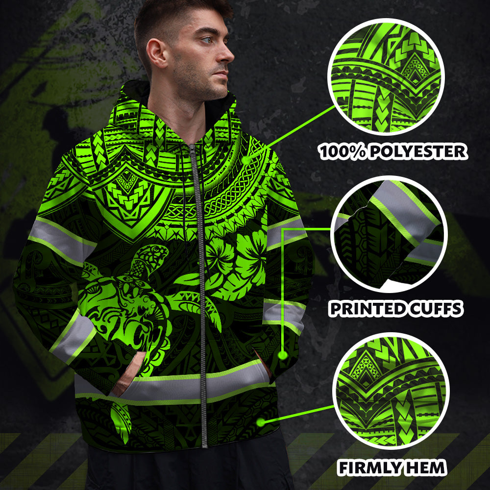 Hi Vis Zip Hoodie Reflective Tapes Green Turtle Flower Hawaiian Polynesian