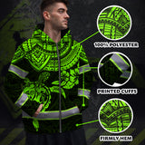 Hi Vis Zip Hoodie Reflective Tapes Green Turtle Flower Hawaiian Polynesian