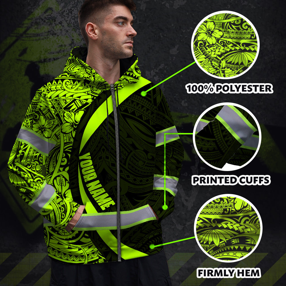 Hi Vis Zip Hoodie Reflective Tapes Hawaiian Polynesian Tribal Custom Name